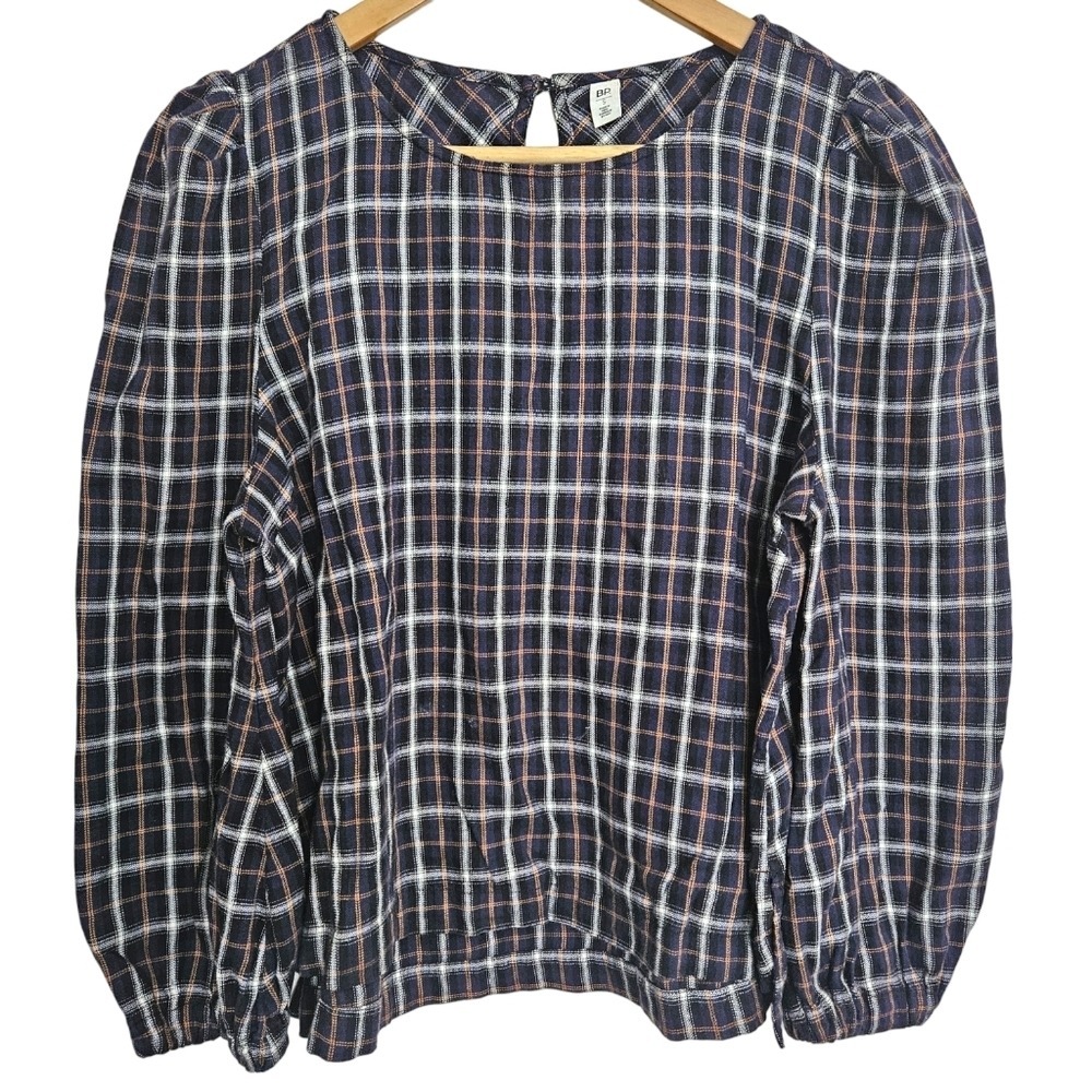 BP‎ Navy Blue Plaid Puffed Long Sleeve Blouse